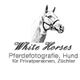 Zeichnung eines Pferdes mit Text: "White Horses, Pferdefotografie, Hund für Privatpersonen, Züchter".