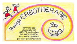 Bunte Zeichnung mit Text: "Praxis für Ergotherapie", Kontaktinfos und stilisierten Figuren.