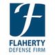 "Blue logo with a stylized 'F' and text: FLAHERTY DEFENSE FIRM."