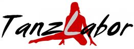 Schwarzer Schriftzug "TanzLabor" mit rotem Tänzer-Schatten im Hintergrund.