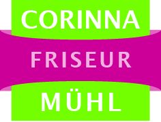 Bunter Friseur-Schriftzug: "Corinna Friseur Mühl" in grüner und pinker Gestaltung.
