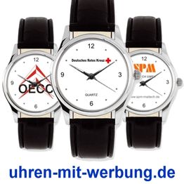 Drei Armbanduhren mit unterschiedlichen Logos und der Text "uhren-mit-werbung.de" darunter.