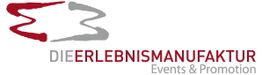 Logo der "Die Erlebnismanufaktur" mit rotem und grauem Symbol, Text darunter: "Events & Promotion".