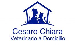 Logo: sagome blu di cane e gatto in una casa, testo "Cesaro Chiara, Veterinario a Domicilio".
