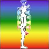 Silhouette eines Menschen mit Regenbogenhintergrund und Energiezentren entlang der Wirbelsäule.