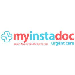 Logo of "My Instadoc Urgent Care" with blue medical cross and text in red and blue.
