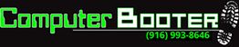 "Logo for Computer Booter with a green font and foot graphic, includes phone number."
