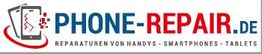 Logo von Phone-Repair.de mit gebrochenem Smartphone-Display und Schriftzug für Reparaturen.