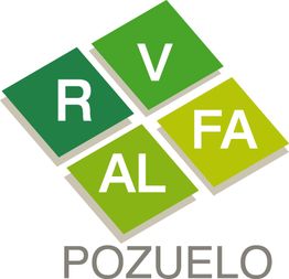 Cuatro cuadros verdes con letras "R", "V", "A", "L", "F", "A" y texto "POZUELO" debajo.