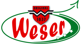 "Weser-Logo mit rotem Schriftzug, 1837-Siegel und grünem Pfeil in ovalem Rahmen."