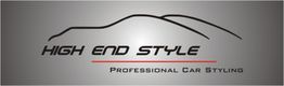 Logo: "High End Style", Prof. Car Styling-Slogan, Silhouette eines Autos, grauer Hintergrund.