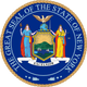 Seal of New York State: eagle, shield with mountains, two figures, and "Excelsior" motto.