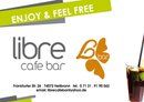 Visitenkarte des Libre Café Bar mit Kontaktinformationen und Getränkegrafik rechts.