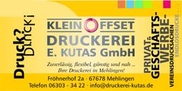 Visitenkarte der Druckerei Kutas mit Kontaktdaten und Slogan "Zuverlässig, flexibel, günstig".