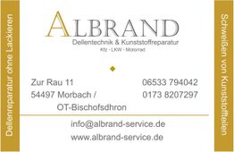 Visitenkarte der Firma Albrand für Dellen- und Kunststoffreparatur mit Kontaktdaten.