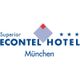 Logo des Econtel Hotel München mit drei Sternen und einem blauen Diamanten mit roter Ecke.