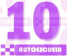 Número 10 en púrpura con "AUTOESCUELA" y diseño de cuadros.