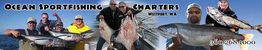People showcasing large fish catches with "Ocean Sportfishing Charters, Westport, WA" text.