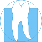 Zahn-Symbol in Blau und Weiß, eingebettet in einen Kreis und ein Quadrat.