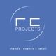 Logo azul con texto "RE Projects" y las palabras "stands", "events", "retail" debajo.