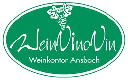 Grünes ovales Logo mit Traube und Text: "WeinVinoVin Weinkontor Ansbach".