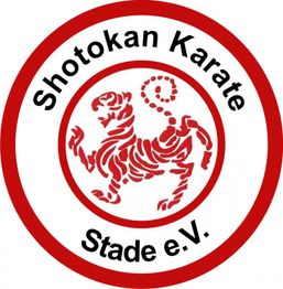 Ein rotes, stilisiertes Tiger-Logo mit der Aufschrift "Shotokan Karate Stade e.V." in einem Kreis.