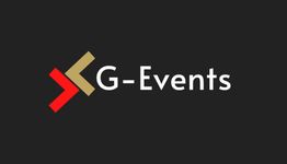 Logo "G-Events" sur fond noir, avec flèches rouge et beige.