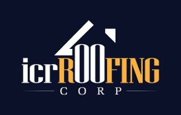 Logo with "icr ROOFING CORP" text and stylized roof graphic on a dark background.