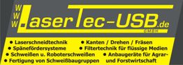 Gelbes Logo mit "LaserTec-USB.de" und Dienstleistungen wie Laserschneiden und Schweißen.