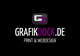 Grafikdock.de-Logo in Schwarz und Lila, Text: Print & Webdesign.