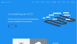 Blue webpage offering ICO development services with a contact button and roadmap graphic.