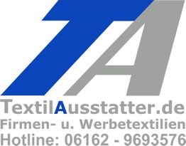 Logo von TextilAusstatter.de mit Kontaktinformation und Schriftzug in Blau und Grau.