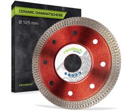 Rote keramische Diamantscheibe, 125 mm, vor schwarzer Verpackung mit grünem Aufdruck.