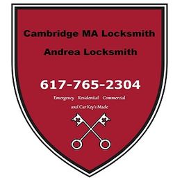 Red shield logo for Cambridge MA Locksmith with contact number and services listed.
