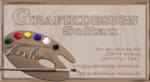 Visitenkarte: Grafikdesign Soltau mit Farbpalette, Pinsel und Kontaktdaten.