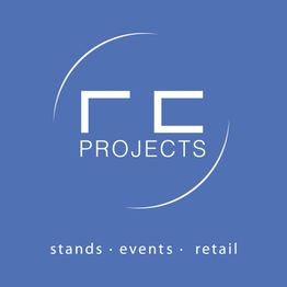 Logo azul con texto "RE Projects" y las palabras "stands", "events", "retail" debajo.