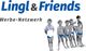 Gruppe Kinder in Badehose; Text: "Lingl & Friends, Werbe-Netzwerk" in Blau und Schwarz.