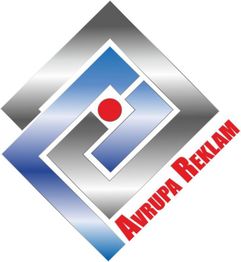 Logo mit geometrischen Formen und rotem Punkt. Text: "AVRUPA REKLAM" in Rot, schräg geschrieben.