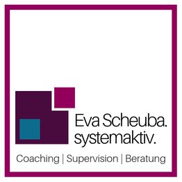 Alt-Text: Logo mit farbigen Quadraten, Text: "Eva Scheuba. systemaktiv. Coaching | Supervision | Beratung".