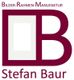 Logo mit großem B, Text: Bilder-Rahmen-Manufaktur Stefan Baur, in Rot auf weißem Hintergrund.