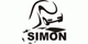 Schwarzes Logo eines Lastwagens mit dem Text "SIMON" und Sternen, auf weißem Hintergrund.