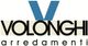 Logo di Volonghi Arredamenti con una grande "V" blu sopra il nome in nero.