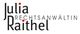 Logo mit Text: "Julia Raithel, Rechtsanwältin" in Schwarz und Rot.