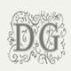Fancy letters "DG" with decorative floral swirls around.