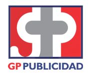 Logo con letras "GP" en gris sobre fondo rojo. Texto: "GP PUBLICIDAD" en azul y rojo.