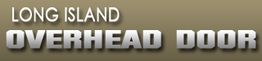 "Long Island Overhead Door logo with bold silver text on a gradient brown background."