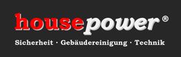 Logo mit dem Text "housepower", darunter "Sicherheit", "Gebäudereinigung", und "Technik".