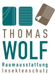 Logo mit Text: "Thomas Wolf Raumausstattung Insektenschutz", drei stilisierte Symbole darüber.