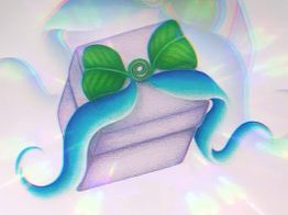 Illustration eines Geschenks mit grün-blauer Schleife und schimmernden Lichteffekten.