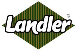 Logo mit Schriftzug "Landler" auf grün-gelb gestreiftem Hintergrund.